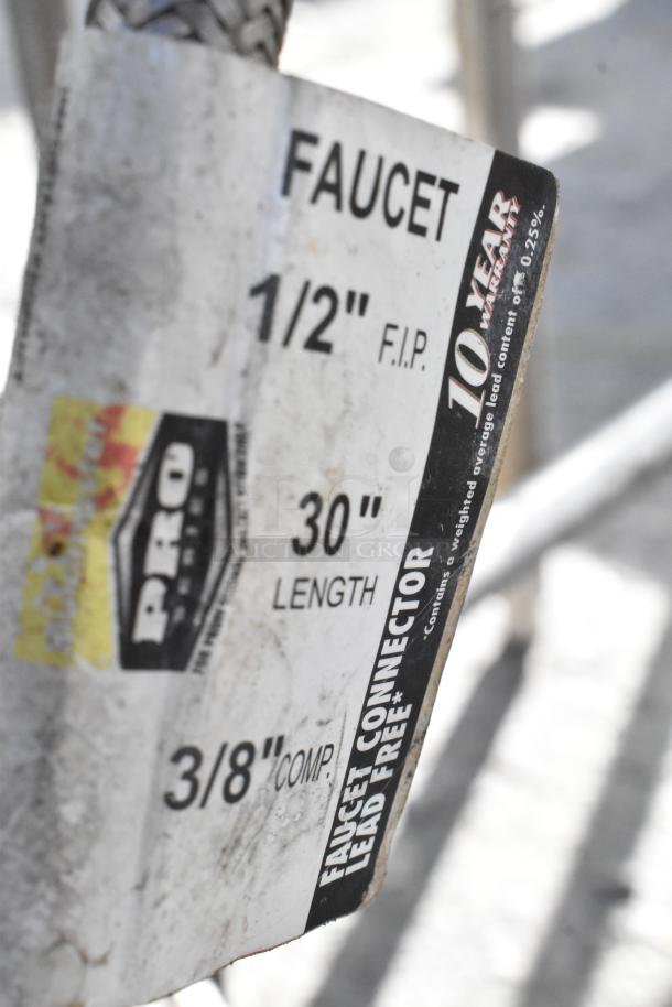 Faucet connector label for stainless steel 2 bay sink, showing "1/2” F.I.P.", "3/8” Comp.", "30” Length", "10 Year Warranty".