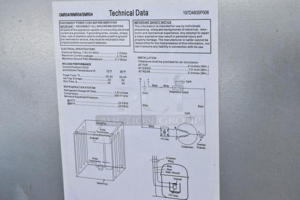 Technical specifications and safety notice for Frigidaire model, showing electrical details and refrigerant system diagram.