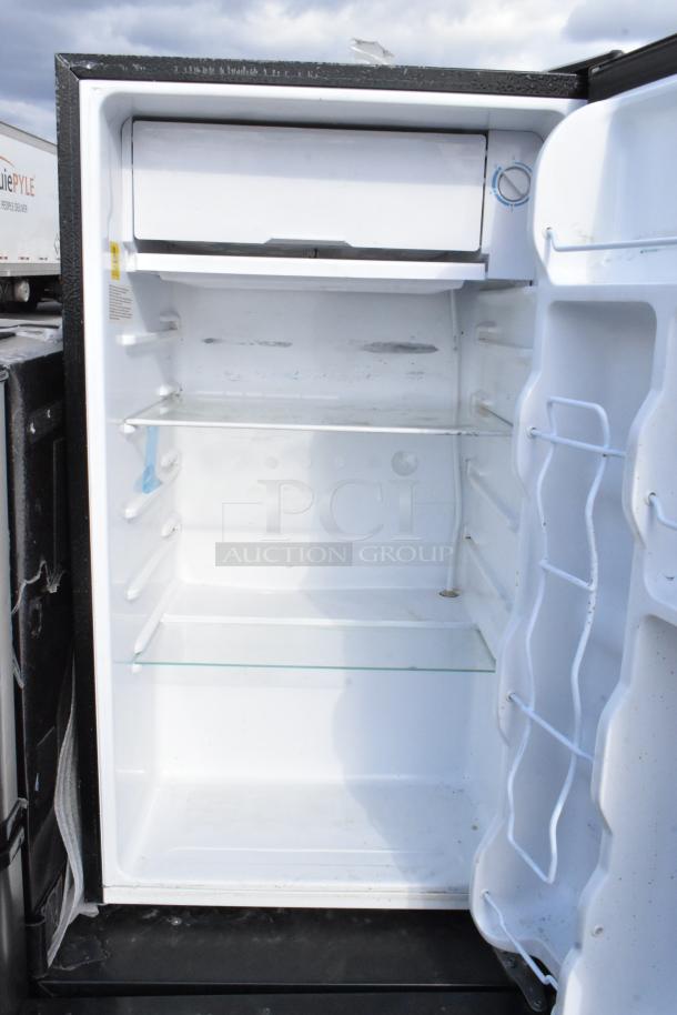 Five mini coolers, models include Frigidaire EFR331-BLACK-6COM, GE, Frigidaire EFR780-6COM, Galanz GLR31TS1E02, Frigidaire FGFR334. 115 Volts, 1 Phase. Interior view shows shelves and door storage.