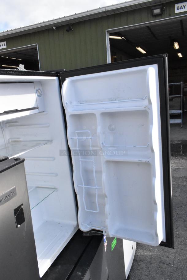 5 various mini coolers including Frigidaire EFR331-BLACK-6COM, GE, Frigidaire EFR780-6COM, Galanz GLR31TS1E02, Frigidaire FGFR334, open doors showing interior shelves, used condition.
