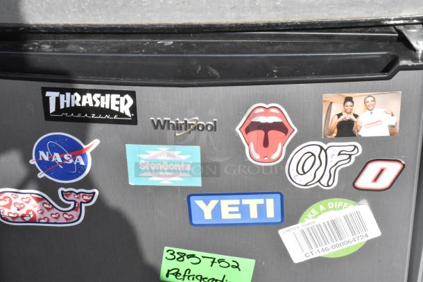 Six mini coolers, including Galanz, Whirlpool, Summit FS22L, GE models. Features stickers and labels. 115 volts, 1 phase.