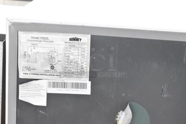 Label for Summit FS22L commercial freezer, 115 volts, 1 phase, April 2014, 39.7 lbs, R134a refrigerant, free standing only.