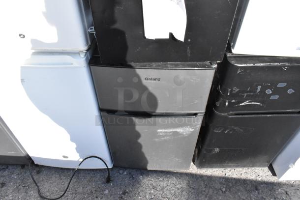 Six mini coolers including Galanz GL31S5, Whirlpool WH35S1E, Summit FS22L, GE GME04GGHWW, Galanz GLR31TS1E02, 115 volts.