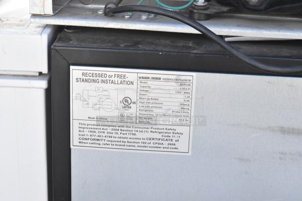 4 mini coolers including EdgeStar, Black & Decker BCD33B, Summit, Hisense models. Visible label details installation and specs.