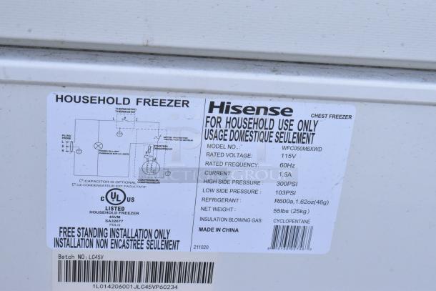 Label on Hisense WFC050M6XWD chest freezer, 115V, 60Hz, 1.5A, R600a refrigerant. UL-listed. Made in China.