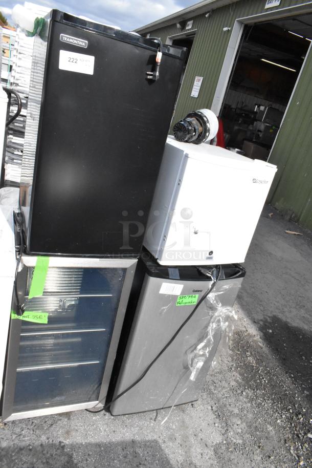 Four mini coolers, including Tramontina 80901/100, EdgeStar CMF151L-1, and Galanz GL43S5. 115 volts, 1 phase. Auction lot.