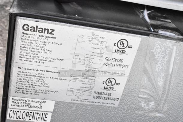 Galanz GL43S5 mini cooler label, 4.3 cu. ft. capacity, 120 VAC, 60 Hz, Cyclopentane refrigerant. Manufactured January 2018.
