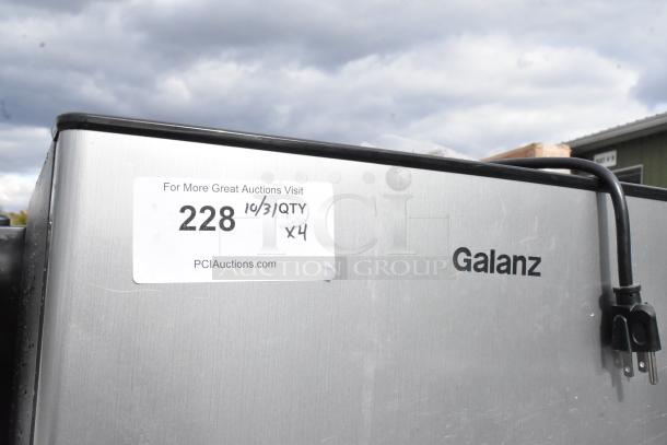 Four mini coolers including Galanz GLR31TS1E02, Galanz GLR33MBKE23, GE WMR04BAPBB, Whirlpool WH31S1E. 115 volts, 1 phase. Auction tag visible.