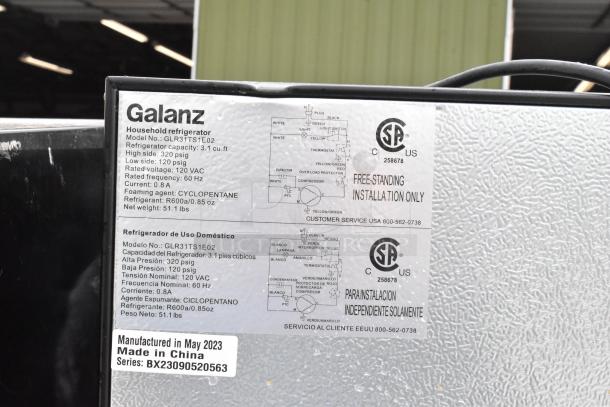 Set of 4 mini coolers including Galanz GLR31TS1E02; features 3.1 cu. ft. capacity, 120 VAC, manufactured May 2023.