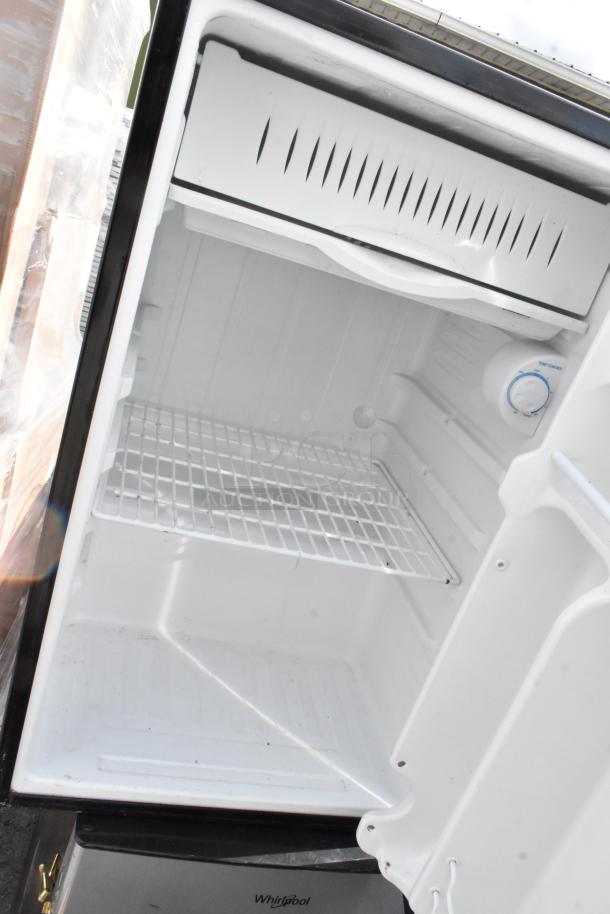 4 various mini coolers including Galanz and Whirlpool models; shown is the interior of one with shelving, thermostat, 115 volts, 1 phase.