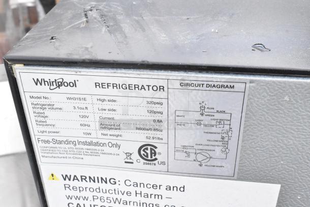 4 mini coolers including Galanz GLR31TS1E02, GLR33MBKE23, GE WMR04BAPBB, Whirlpool WH31S1E, 115V, label details.