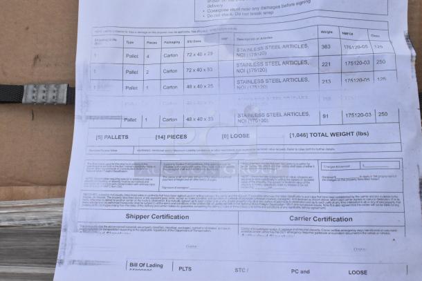 Shipping document displaying details of stainless steel articles, packaged on pallets, totaling 1,046 lbs.