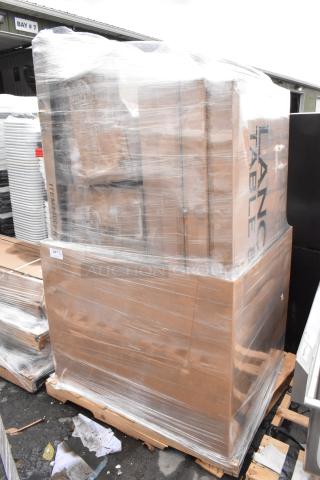 Shrink-wrapped pallet of assorted scratch and dent items, sealed in cardboard boxes, marked "LANCE TABLE", on wooden pallet.