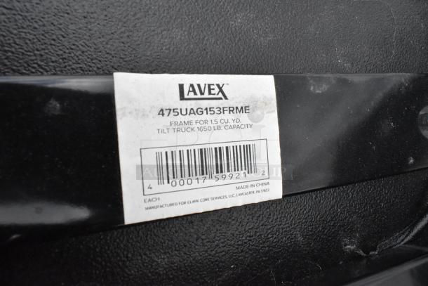 Label of Lavex 475UAG153FRME Black Poly Tilt Truck, 1650 lb capacity. Brand new with visible barcode and product details.