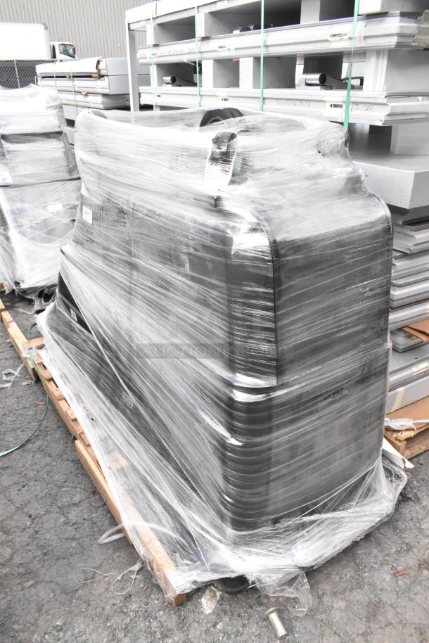 Brand new Lavex 475UAG153FRME black poly tilt truck, 1650 lb capacity, wrapped for protection, scratches and dents visible.