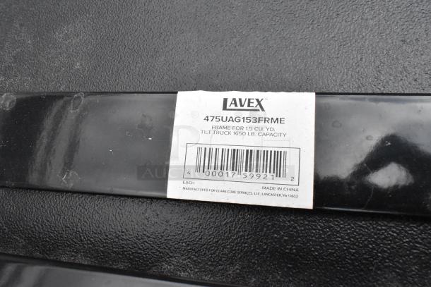 Label on Lavex Tilt Truck, model 475UAG153FRME, 1650 lb capacity, black poly. Brand new. Frame for 1.5 cu. yd. Made in China.