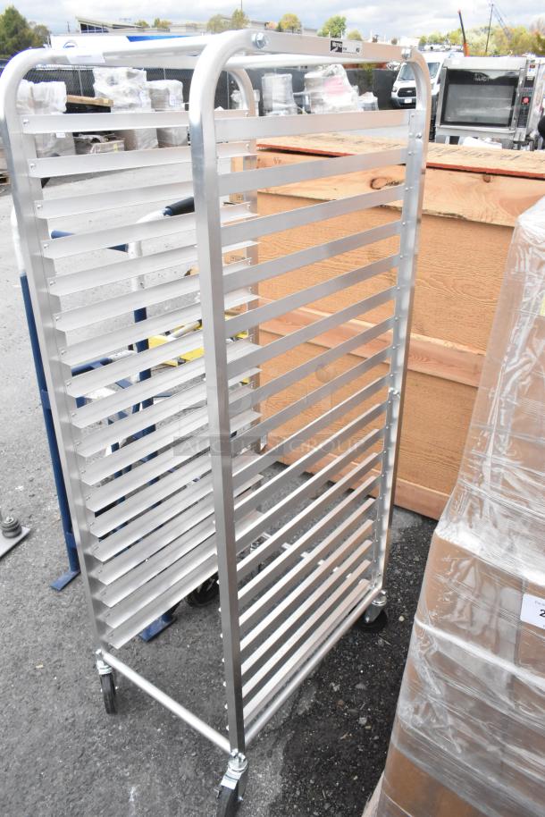 BRAND NEW Metro RT183N 18 Pan End Load Bun Rack with minor scratches and dents, on commercial casters.