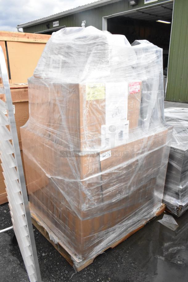 16 new scratch and dent items including Marco Shelving Unit, shrink-wrapped on a pallet, visible labels and signs of light damage.