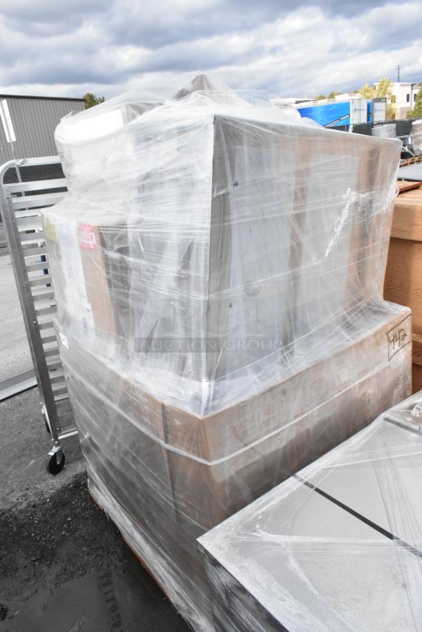 Pallet of 16 brand new scratch and dent items wrapped in plastic, including a Marco shelving unit, auction lot.