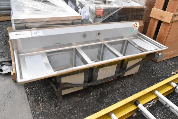 "Brand new Regency 600S31416212 three-compartment sink, 70", 16-gauge stainless steel, no legs, scratch and dent condition."