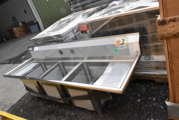Brand new Regency 70" 16 gauge stainless steel three-compartment sink, two drainboards, scratch and dent, no legs.