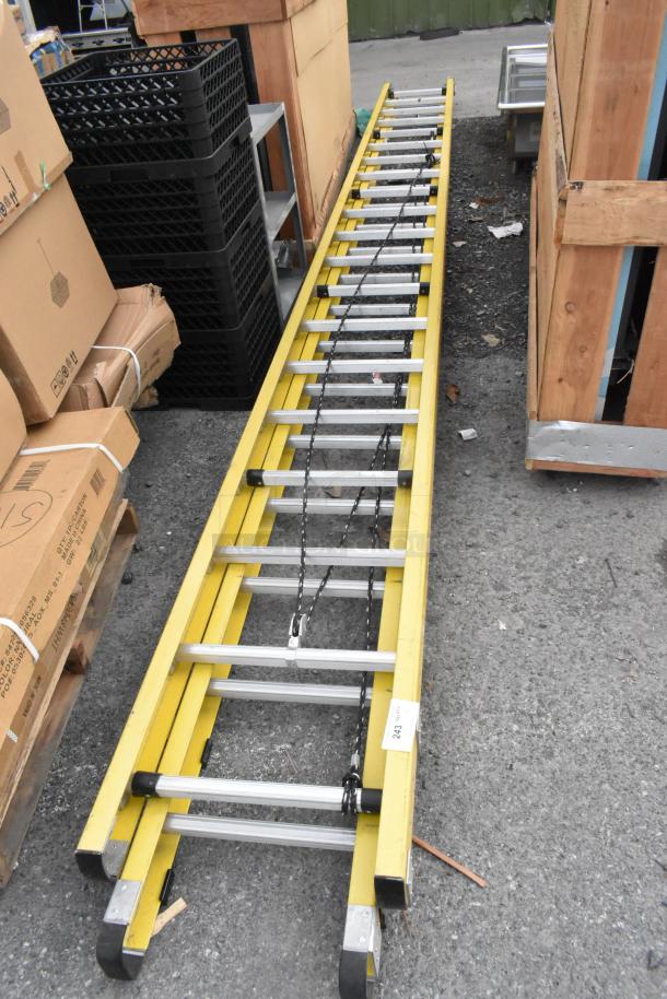 BRAND NEW Werner 40' Straight Ladder, yellow, scratch and dent condition, aluminum rungs, safety chains attached.