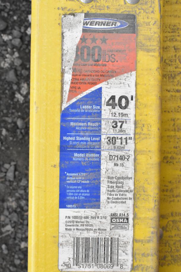 Werner 40' Straight Ladder, 300 lbs load, Model D7140-2, fiberglass, new with minor scratches, ANSI approved.