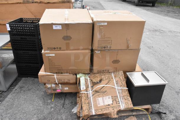 12 boxed scratch and dent items including Vevor FG-SKU10 Ice Chest, Steelton 30"x60" Equipment Stand, new condition.