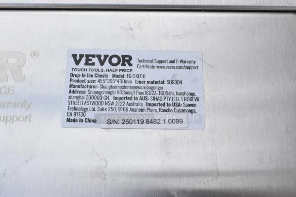 Vevor FG-SKU10 Drop In Ice Chest label, showing product size 455x305x400mm, liner material SUS304, made in China.