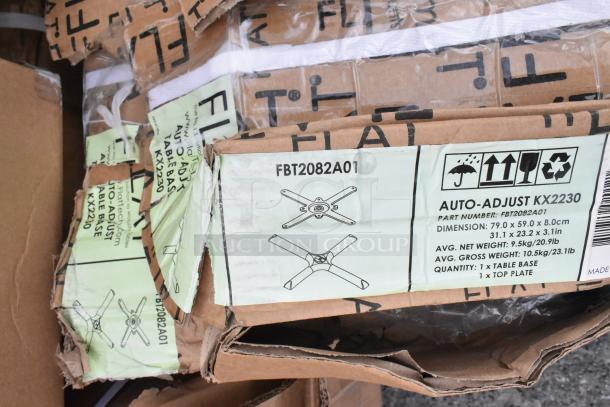 12 brand new scratch and dent items, including Auto-Adjust KX2230 table base, FBT2082A01 part number, and packaging details.