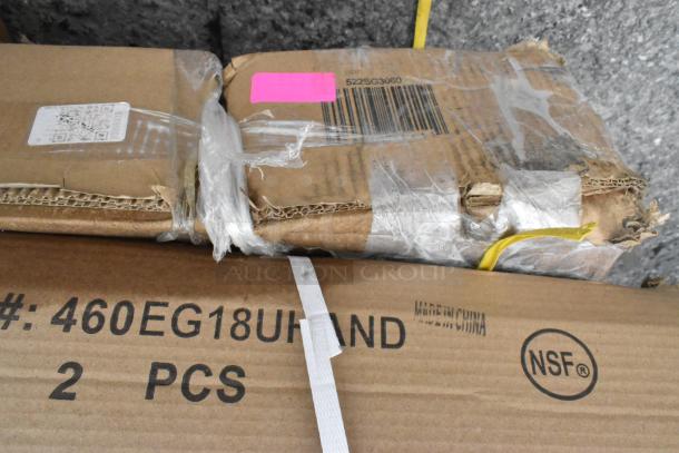 Cardboard box with markings "460EG18UHAND" and "522SG3060," containing Vevor and Steelton products, secured with plastic wrap.