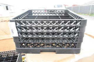 Four brand new Poly Dish Caddies, stackable design, black, minor scratches and dents, tagged with lot number 245.