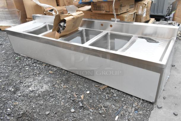Regency 4-bowl underbar sink, 72" x 18 3/4", brand new with scratch and dent, includes two drainboards.