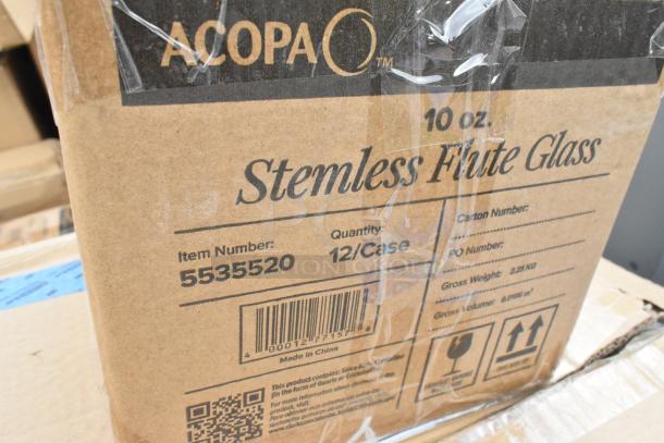 Acopa 10 oz. Stemless Flute Glass box, item number 5535520, 12 per case, new condition, scratch and dent sale.