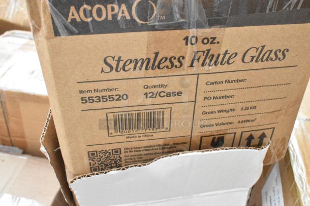 Acopa 10 oz. Stemless Flute Glass box, item 5535520, 12 per case, new condition, visible barcode and QR code.
