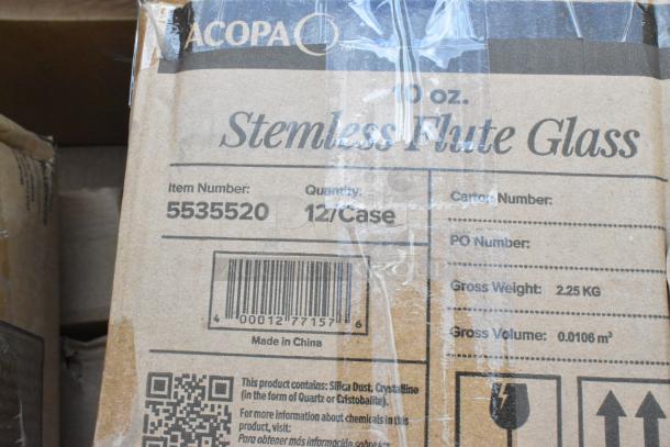 Box with Acopa 10 oz. Stemless Flute Glass, item 5535520, 12 per case, labeled "Made in China," with barcode visible.