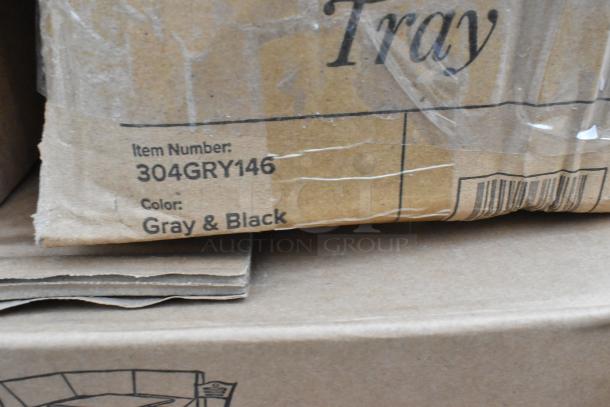 Cardboard box showing label with item number 304GRY146, indicating Acopa Apollo matte gray and black tray.