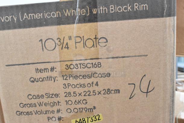 Cardboard box marked "10 3/4" Plate" detailing Item #303TSC16B, 12 pieces/case, case size 28.5x22.5x28 cm, 10.6 KG.