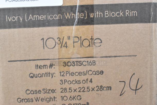 Box label for Acopa 10 3/4" Stoneware Plate, Ivory with Black Rim, 12 pieces per case, item #303TSC16B, case size 28.5×22.5×28cm.