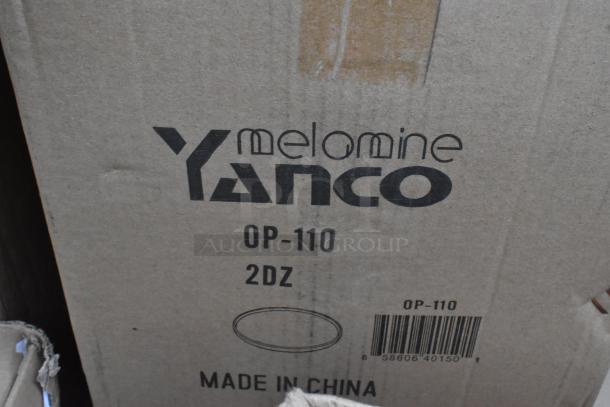 Cardboard box labeled "Melamine Yanco OP-110 2DZ, Made in China," containing new items.