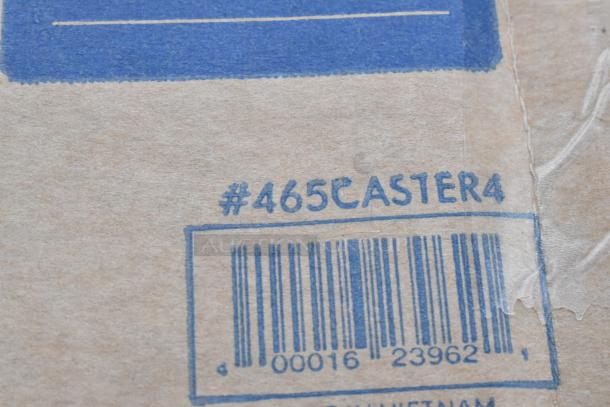 Close-up of a box label showing "#465CASTER4" and a barcode. Item is part of a scratch and dent auction.