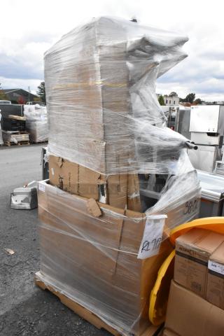 Pallet of 8 scratch and dent items, including Regency stainless steel work table and shelves, wrapped in plastic.