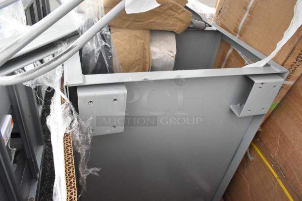 Auction lot of 8 brand new scratch and dent items, including Regency 30"x72" stainless steel work table and pass-through shelf, with gray Tolix style chairs.