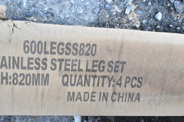 Cardboard box labeled "600LEGSS820 Stainless Steel Leg Set, H:820mm, Quantity: 4 pcs, Made in China" for Regency table.