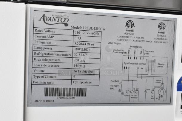 Alt text: Label on Avantco 193BC48HCW Bakery Display Case showing technical specifications and circuit diagram. Made in China.