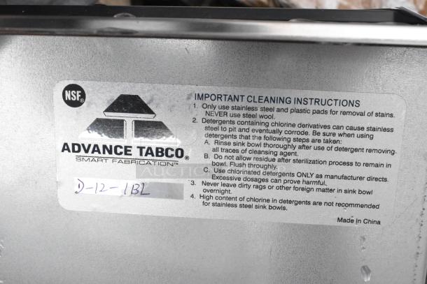 Brand new Advance Tabco D-12-IBL stainless steel drop-in ice bin. Featuring cleaning instructions label. Size: 12" x 18".
