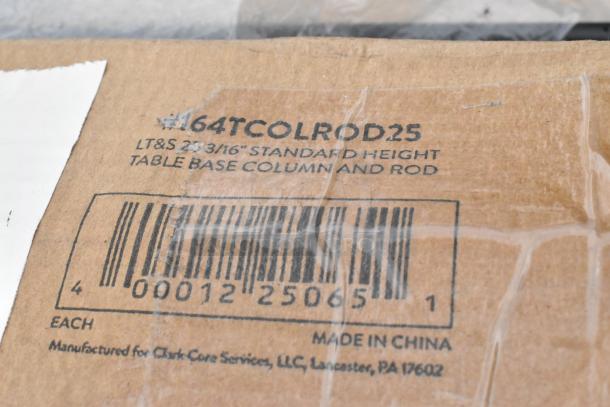 Cardboard packaging with 164TCOLROD25 printed, indicating Lancaster Table & Seating 25 3/16" table base column and rod.