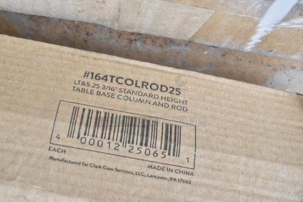 Cardboard box labeled "#164TCOLROD25 Standard Height Table Base Column and Rod, made in China, for Clark Core Services."