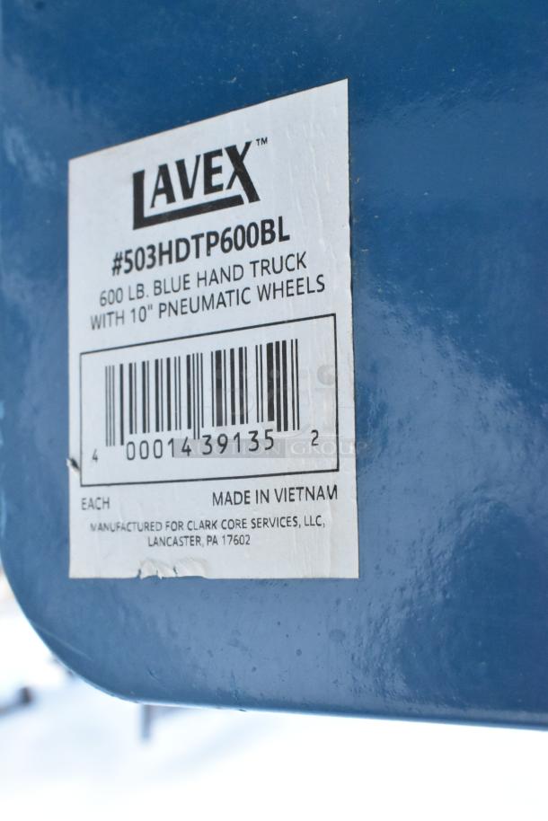 Label on Lavex 503HDTP600BL 600 lb. Blue Hand Truck with 10" Pneumatic Wheels, manufactured in Vietnam.
