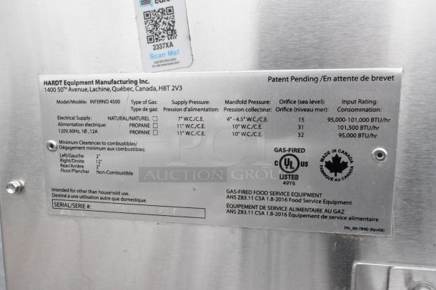 Metal label on Hardt Inferno 4500 Rotisserie Oven, showing specifications for natural gas use, input rating, and clearances.